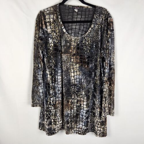 Four Girlz Womens Velvet Patch Tunic Blouse Size 16 Gold Metallic Leopard Print