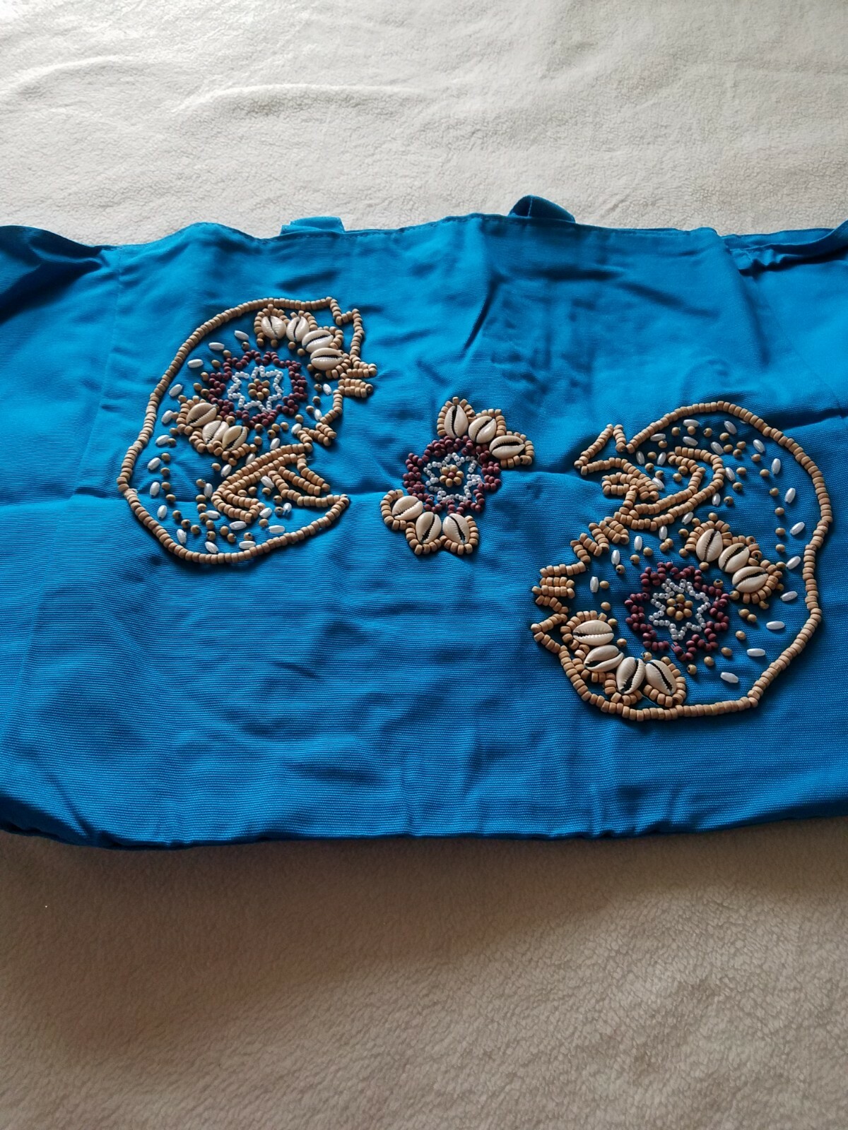 Avon 2005 Turquoise Cotton Beach Tote Bag with Beading and Shells New