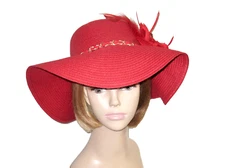 Red Straw Sun Hat Wide Brim Floppy Church Dress  Flower Feathers Society Lady