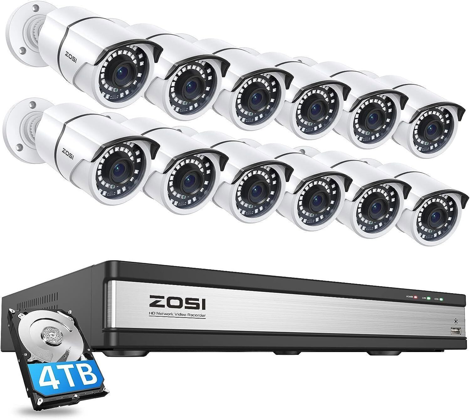 ZOSI 16CH 4K NVR 3K 12pcs 120ft Night Vision 5MP PoE IP Outdoor Cameras 4T