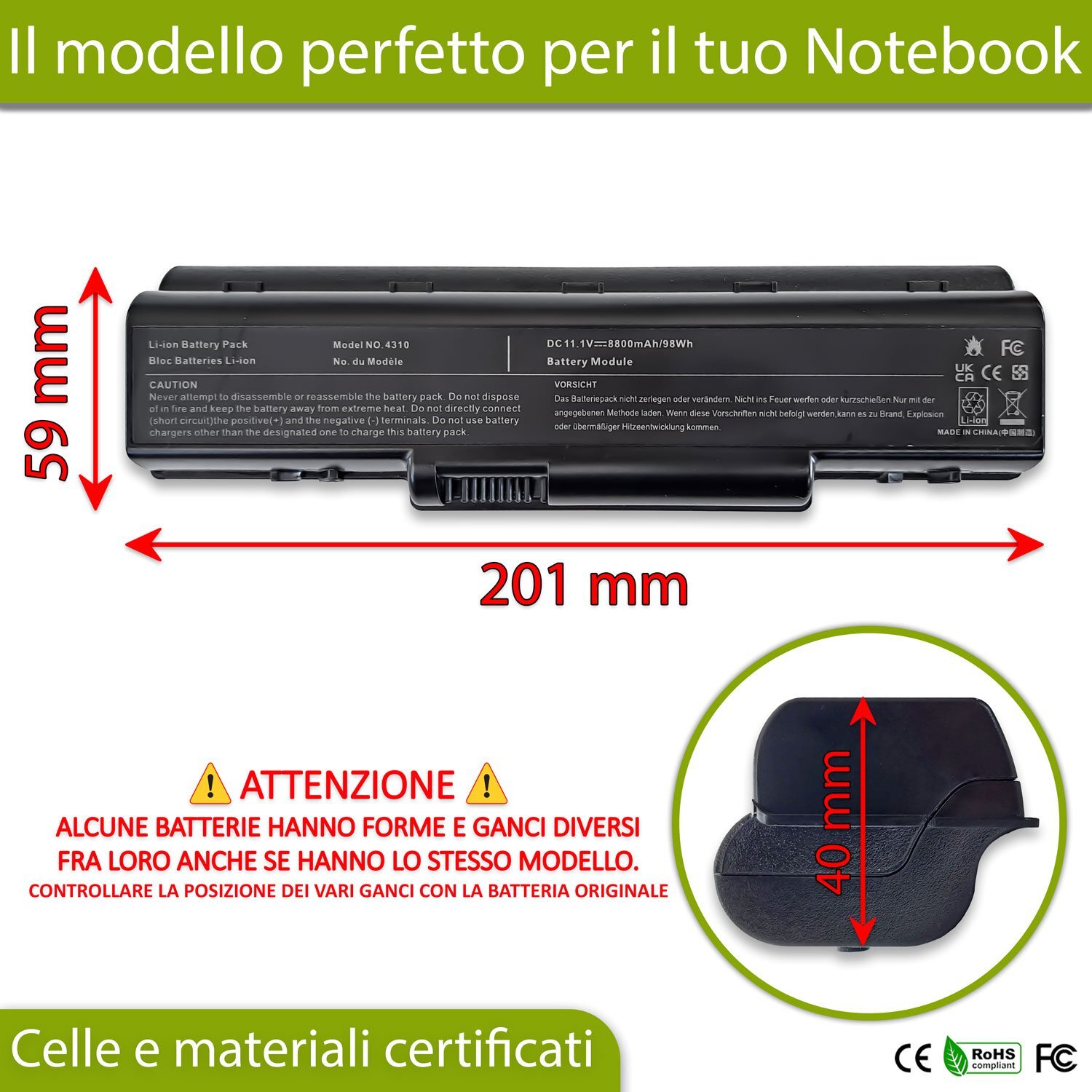 Batteria Laptop Acer BT.00603.076 8800mAh 11.1V Compatibile Extra - 2