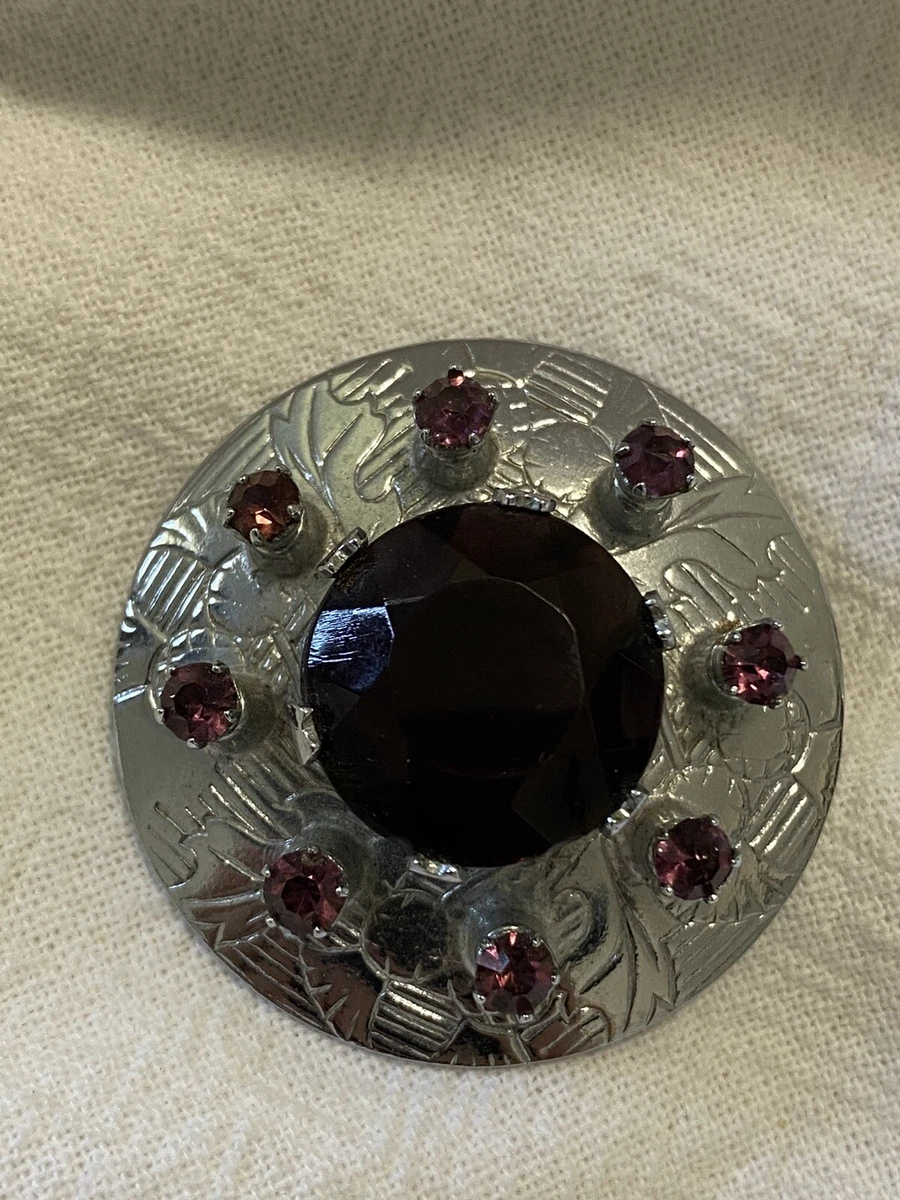 Large Vintage Mizpah Brooch Amethyst Cut Glass Silver Tone Scottish Pin Kilt 4cm