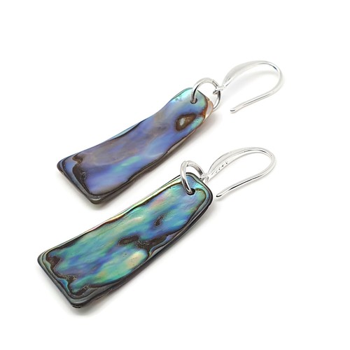 Paua Earrings Rainbow Abalone Natural Shell Dangle Drop Sterling Silver Hooks - Picture 11 of 84