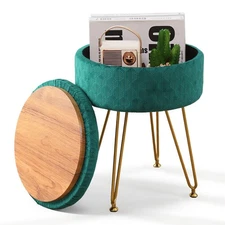 Velvet Storage Ottoman Round Footrest Stool Multifunctional Upholstered Ottom...
