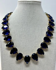 JCrew Runway Statement Necklace Sapphire Blue Teardrop Faceted Crystal Gold Tone