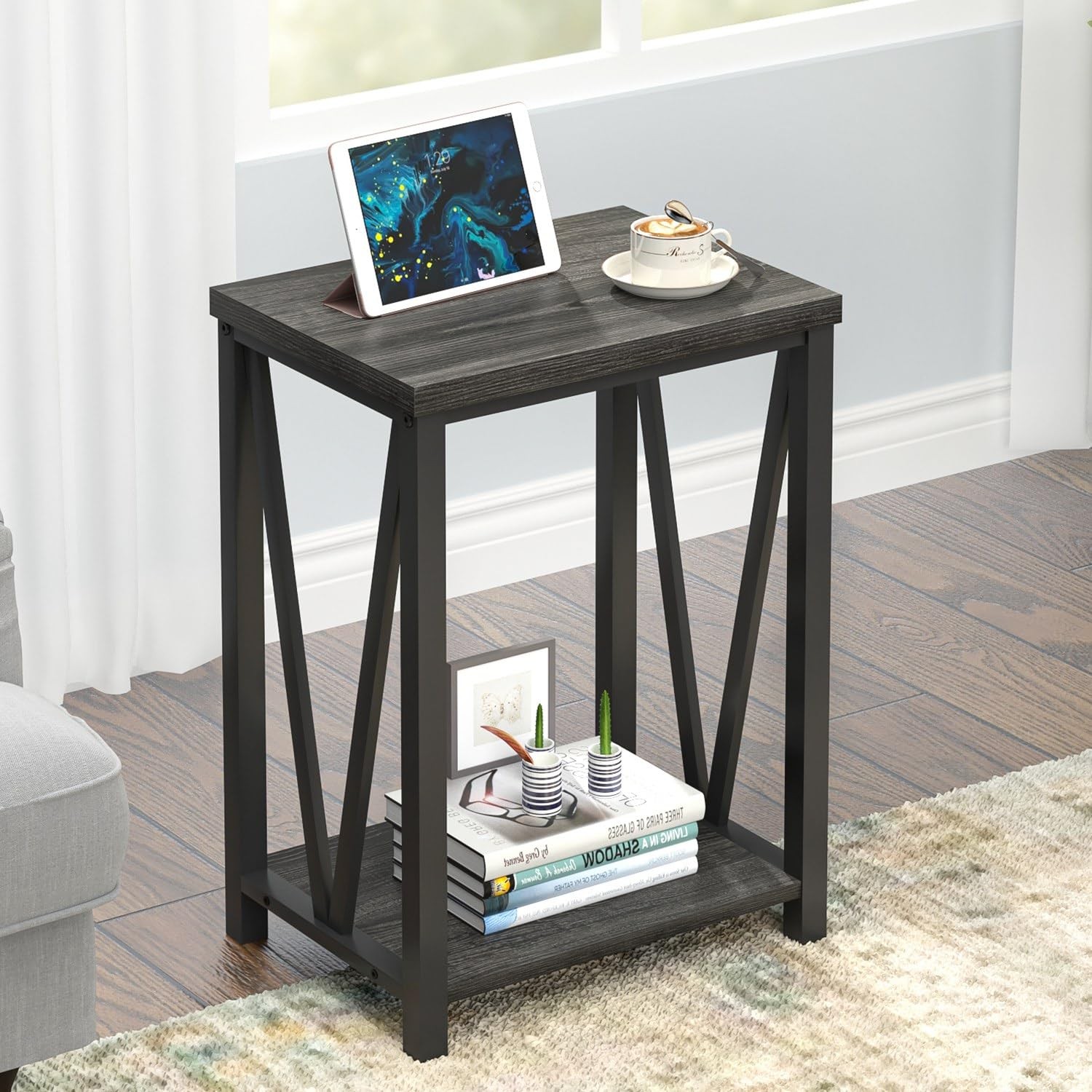 Small Side Table, Rustic Wood and Metal End Table with Stora