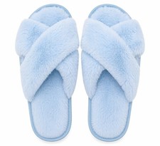 Lauren Conrad Faux Fur Cross Slide Slippers Blue Size 8-8.5 Cozy Fuzzy Women