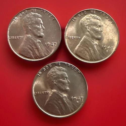 1947-P 1947-D 1947-S GEM BU LINCOLN WHEAT PENNY CENT 3-COIN SET Actual Coins1279