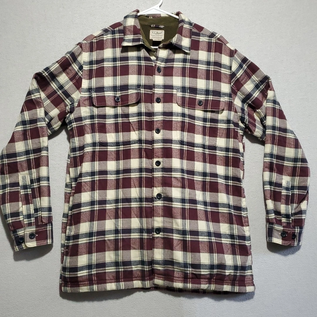 LL Bean Shirt Men Medium Regular Plaid Fleece Lined Flannel Outdoor Camp Sherpa