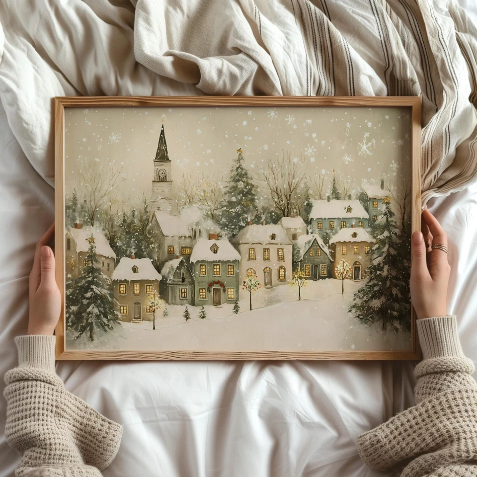 Уютный плакат Рождественской деревни — снежный зимний город, праздничное настенное искусство - Изображение 4 из 4