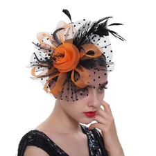 Halloween Fascinators Black Orange for Women Tea Party Veil Flowers Headband ...