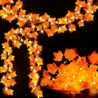 Lighted Fall Garland Total 16.4ft 40 LED Thanksgiving Decorations 2 Pack Orange