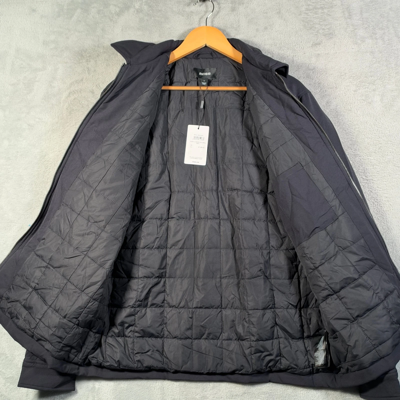 Reiss Jacket Mens L Navy Oshei Wadded Quilted Lined Full Zip Stretch $285 image 4