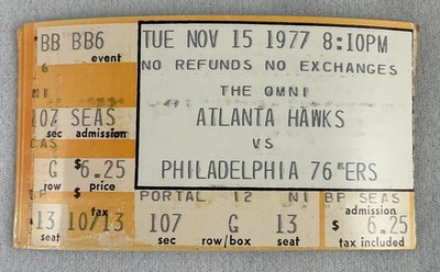 NBA 1977 11/15 Philadelphia 76ers at Atlanta Hawks Ticket-Julius Erving 23pts