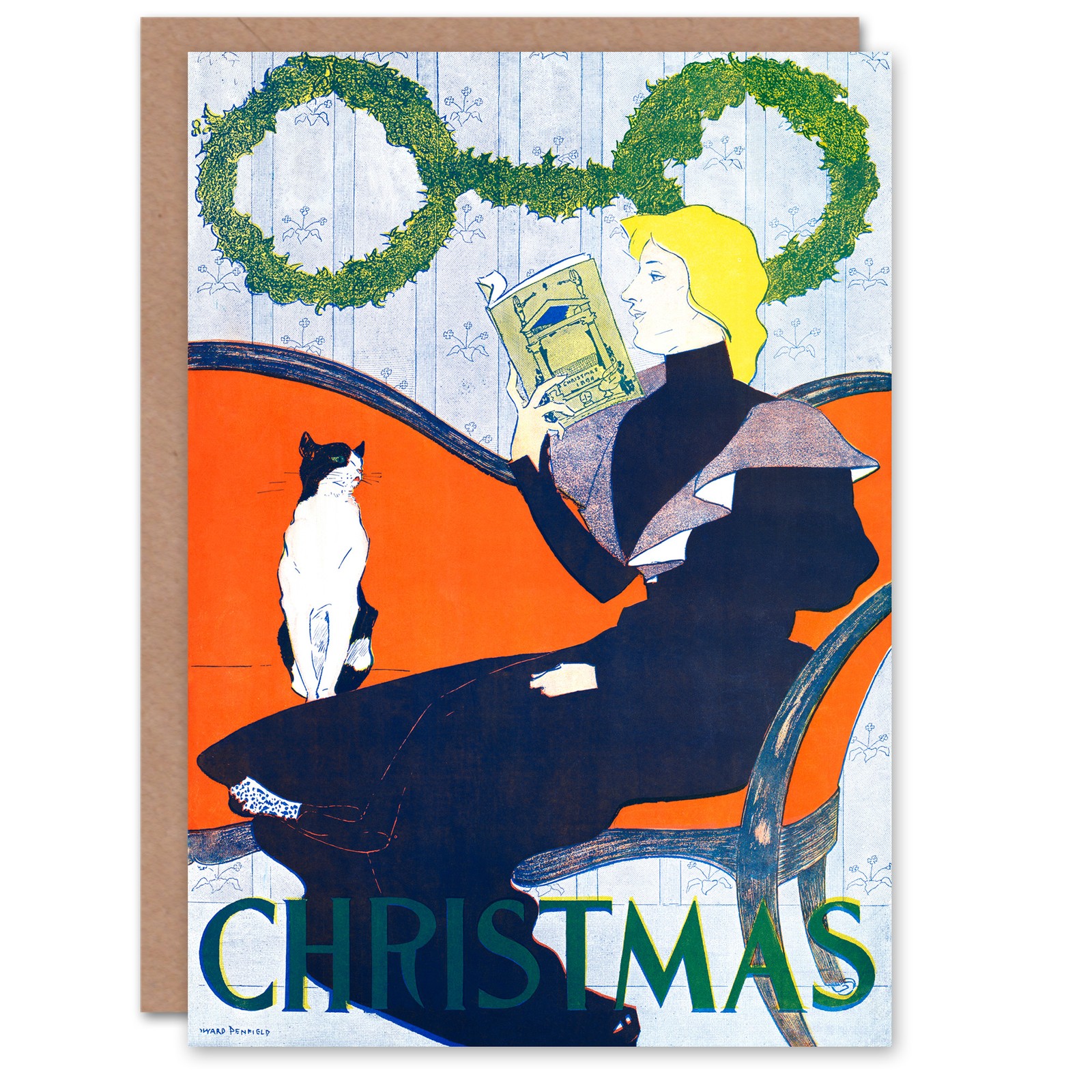 Edward Penfield Art Card Vintage Christmas Woman With Cat