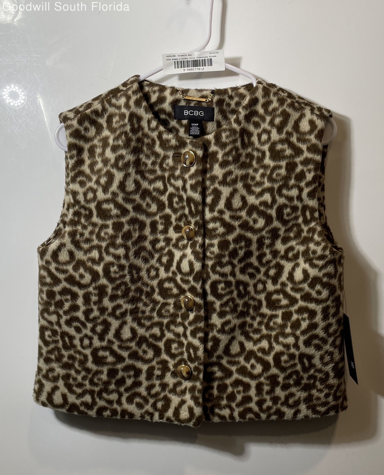 BCBG Womens Brown Animal Print Sleeveless Button Front Vest Size Small With Tags