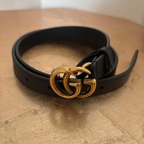 Gucci Leather Belt Women Black Logo Buckle Adjustable EX