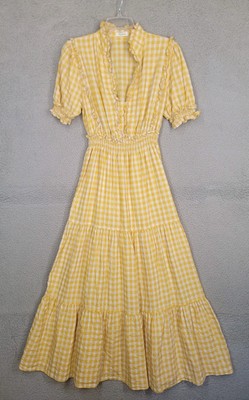 Max Studio Peasant Smocked Waist Tiered Maxi Dress Yellow Gingham Ruffles L