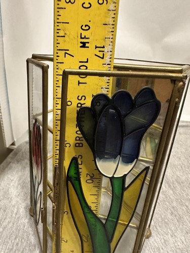 Vintage Glass Brass? Mirror Miniature 7" Cabinet Display Stained Glass Flowers - Picture 11 of 20