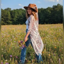 Cupshe White Floral Print Midi Side Slip Chiffon Cover Up Cardigan Kimono