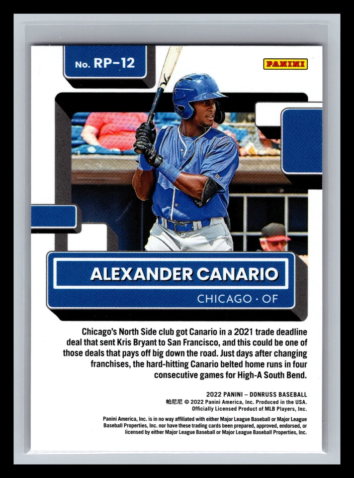 ⚾ ALEXANDER CANARIO 2022 DONRUSS RATED PROSPECT PINK FIREWORKS HOLO RC # RP-12 - Image 2 of 2