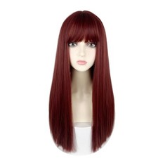 Raspberry Red 22" Long Straight Hair Wig With Bangs Heat Resistant For Daily