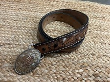 Vintage Tony Lama Leather Tooled Western Belt With Rose Brass Buckle 28
