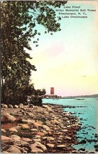 Postcard NY Lake Chautauqua Lake Front and Miller Memorial Bell Tower 1937 A4