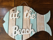 Wooden AT THE BEACH Sign Tropical Fish Beach Home Decor Aqua Natural