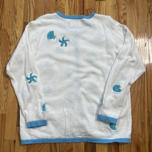 Storybook Knits Cardigan Sweater Seashells Beach Ocean Grandma VTG Womens L Teal - Picture 3 of 6
