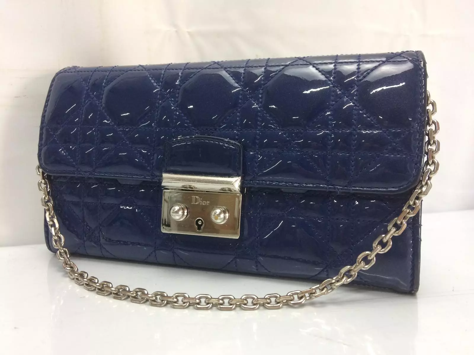Auth Christian Dior Miss Dior Chain Wallet Enamel Blue 8E170480n