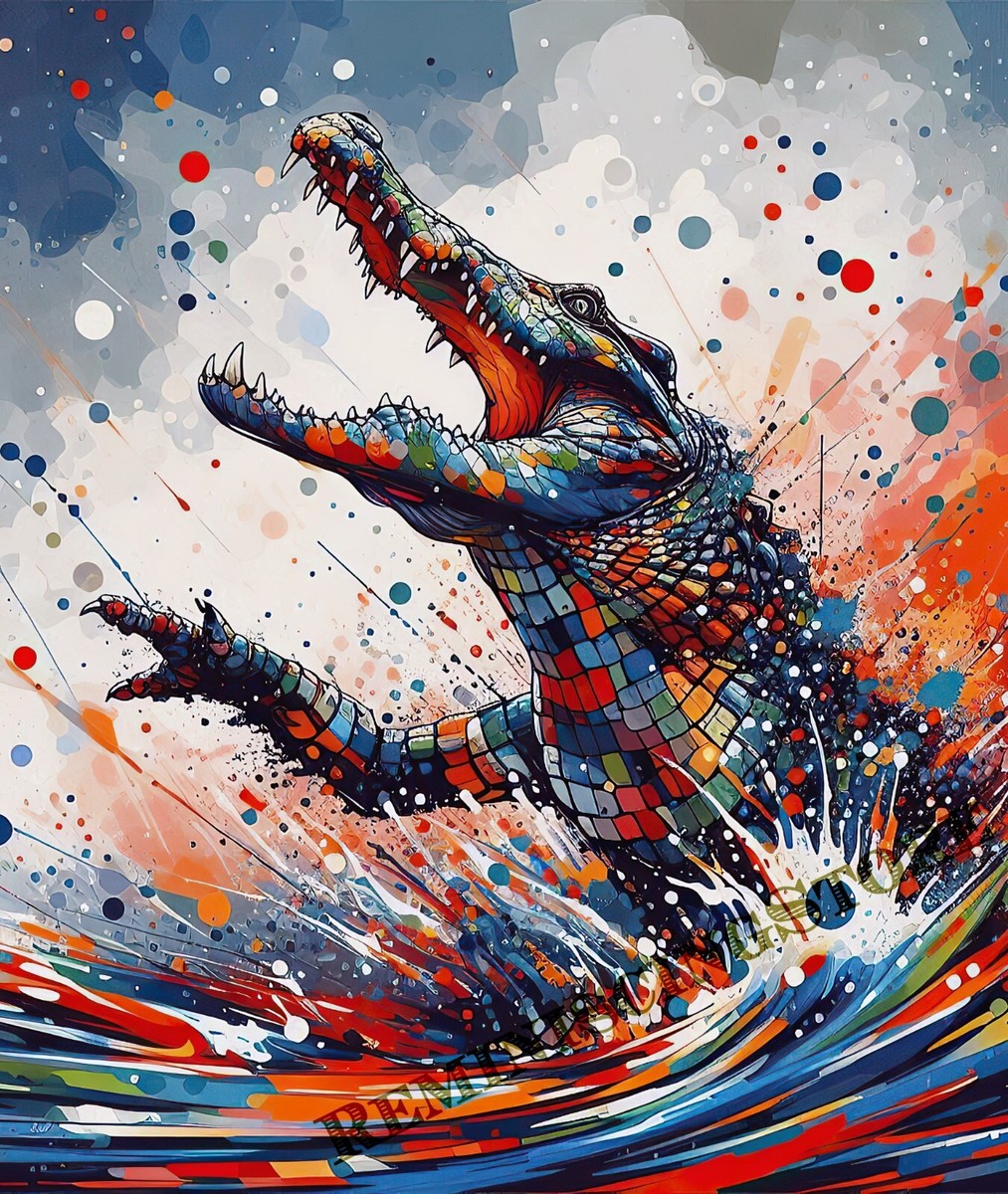 Wild Crocodile is fighting in the water Colorful splashes of paint