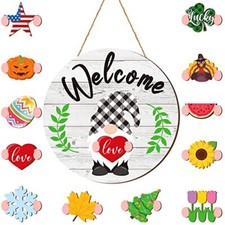 Interchangeable Welcome Sign for Front Door Decorations Seasonal Wooden