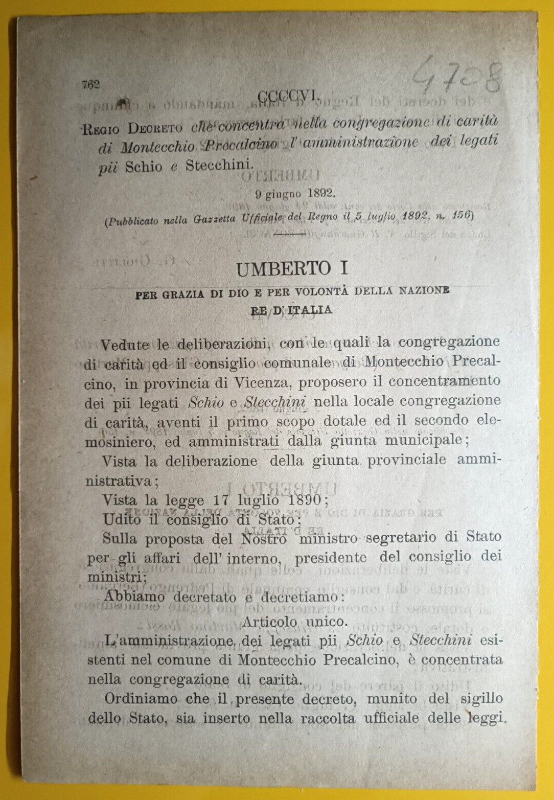 MONTECCHIO PRECALCINO 1892 REGIO DECRETO CONCENTRA CONGREGAZIONE DI CARITA'-4708