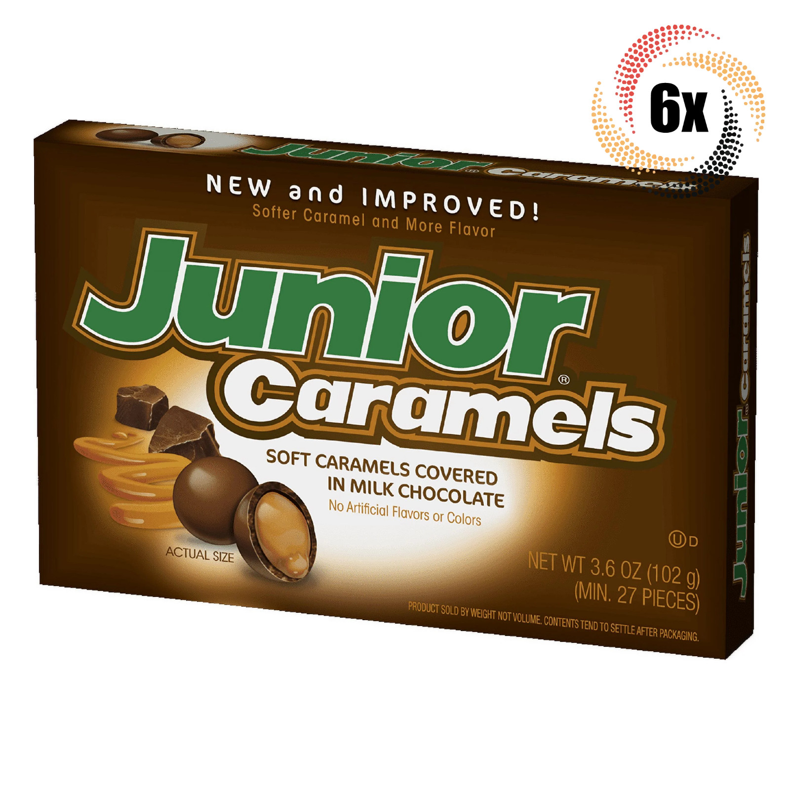 6 упаковок | Карамельки Джуниор Карамельс Мягкие карамельки в шоколадной глазури в театральной коробке | 3,5 унции