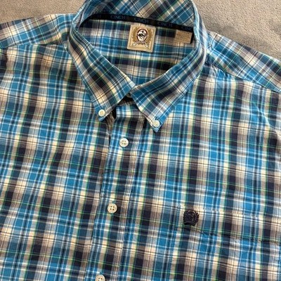Cinch Men's Size XXL Blue Green Plaid Short Sleeve Button Down Shirt