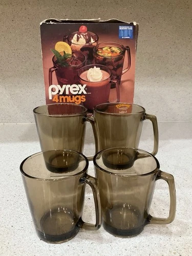 Vintage Corning Pyrex Fireside Tinted Glass Coffee Mug Set /4 In Original Box