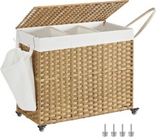 Rolling Laundry Hamper with Lid, 160 L 3-Section Synthetic Rattan