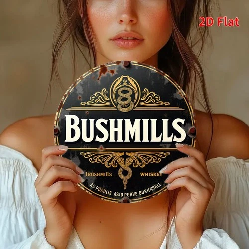 2D Flat,Vintage Bushmills Whiskey Tin Metal Signs Home Décor 8x8in Rustic Round