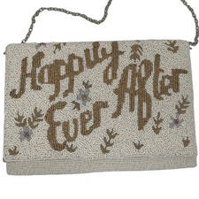 Happily Ever After Women White Gold Glass Beaded Bridal Clutch Crossbody Bag