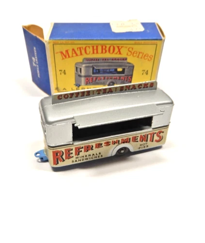 Vintage 1959 MATCHBOX LESNEY No. 74 Mobile Canteen GRAY WHEELS w/ Blue Base MIB