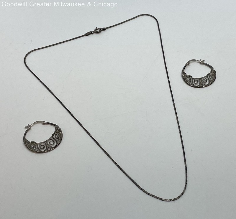 925 Sterling Silver Filigree Hoop Earrings & Chain Necklace 6.5g