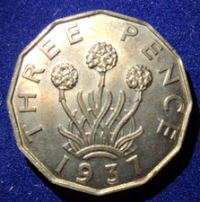 1937 Proof Nickel Brass Threepence. Spink 4113.