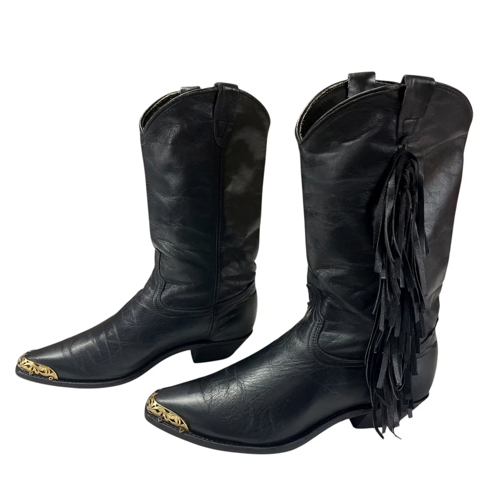 Botas de Vaquero Western Mujer 8.5 Cuero Negro Flecos Puntera de Metal Decoración Ecuestre Foto 3 de 4