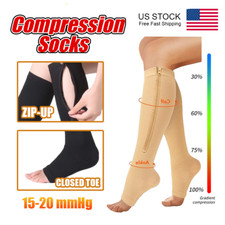 Zipper Compression Socks Open Toe Sports Calf Knee High Support Socks 15-20mmHG