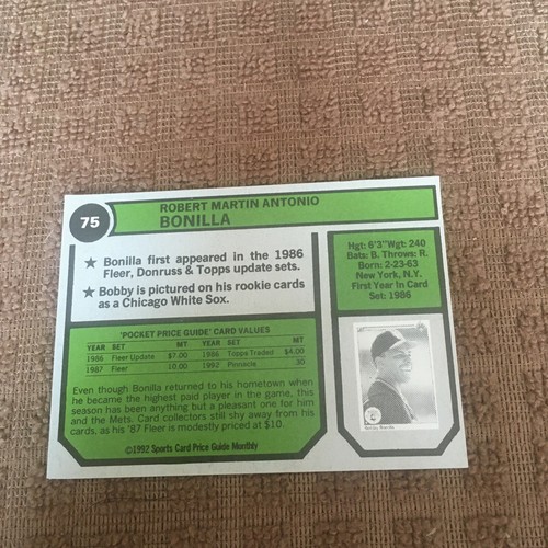 1992 SCD Sports Card Price Guide Monthly #75 Bobby Bonilla New York Mets - Picture 2 of 2
