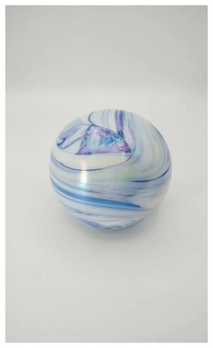 St. Clair Glass Paperweight Iridescent Swirl Pattern 3.5" Blue and White - Picture 2 of 4