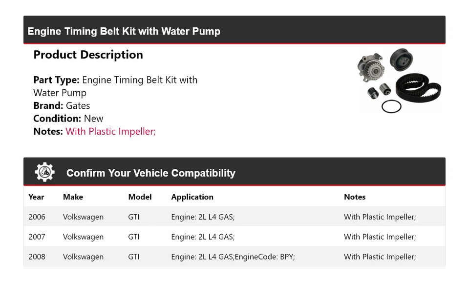 Комплект ремней ГРМ двигателя для Volkswagen GTI 2006-2008 годов выпуска с воротами водяного насоса 2007 - Изображение 2 из 3
