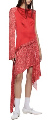 $1495 Commission Lasso Asymmetric One Sleeve Midi Dress Red Floral Print US 6