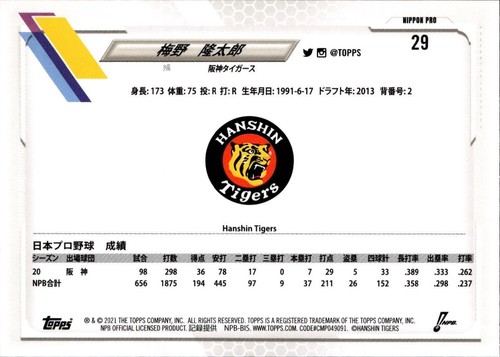 2021 Topps NPB #29 Ryutaro Umeno - Picture 2 of 2